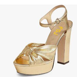 FSJ Gold Platform Chunky High Heel Sandals Peep Toe Ankle Strap Party Shoes